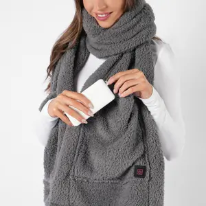 OHS Teddy Fleece Scarf Long Heated Pockets Warm Wrap Shawl, Charcoal - One Size