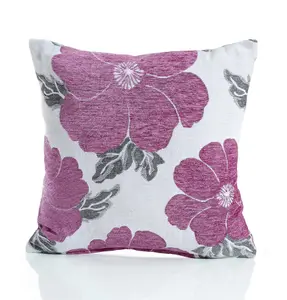 Poppy 55cm x 55cm Luxury Floral Chenille Cushion Pink/Grey