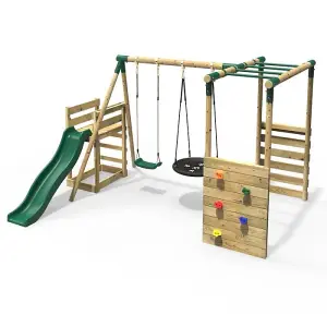 Rebo Wooden Children's Swing Set with Monkey Bars plus Deck & 6ft Slide - Double Swing - Satellite Green