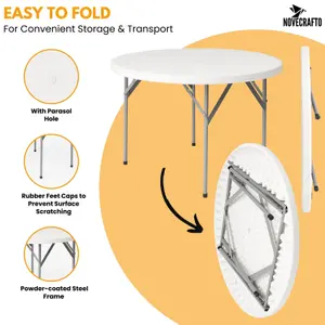 White Round Table 110 cm with Parasol Hole, Space-Saving HDPE Top, Steel Frame for Indoor / Outdoor Use, Garden Parties, BBQs