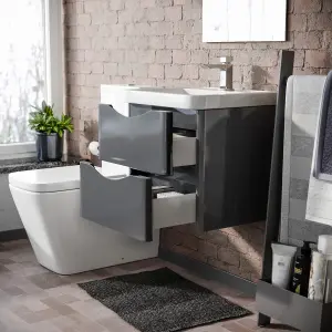 Nes Home 500mm Wall Hung Vanity Basin Unit & Square Rimless Close Coupled Toilet Steel Grey