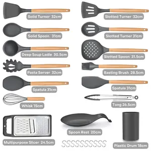 Kitchen Utensils Set,  25 Pieces Soft Silicone Cooking Utensil Set With Holder, Natural Wooden Handle Kitchen Spatula Spoon For Cooking Baking, Non Stick & Heat Resistant, Black Grey