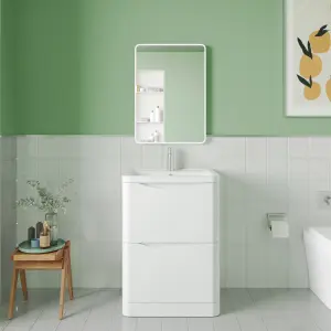 Floor Standing 2 Drawer Vanity Basin Unit with Polymarble Basin, 600mm - Satin White