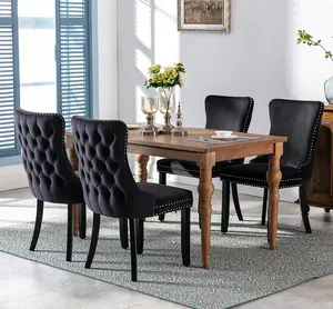 Set of 4 Lux Velvet Tufted Kitchen Dining Chairs with Wooden Legs, High Back Office Bedroom Chairs Black