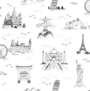 NuWallpaper NUS4554 Landmark Travelers Toille Novelty Peel & Stick Wallpaper, Black