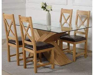 Valencia 160 cm x 90 cm Glass Dining Table and 4 Chairs Dining Set with Berkeley Brown Leather Chairs