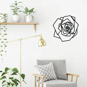 Decortie Modern Metal Wall Art Home Ornament Wild Rose Decorative Minimalist Design Hanging Wall Sculpture, Black