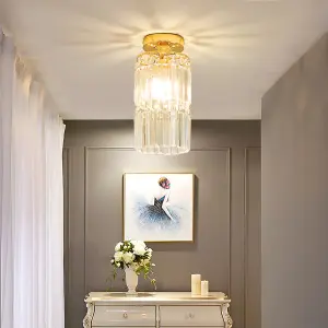 Modern Chandelier Cylindrical Droplet Crystal Shade Gold Base Mount Ceiling Light Fixture