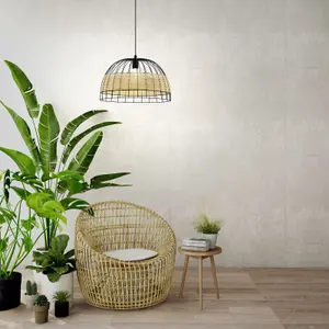 Hanging Ceiling Pendant Light Black & Wicker 1x 40W E27 Hallway Feature Lamp