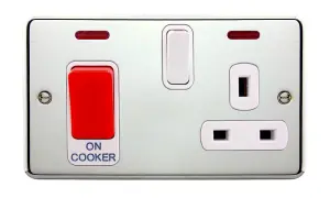 Deta 1927CHW Cooker Control Unit with Socket & Neon Indicators - 45A (Polished Chrome / White Insert)