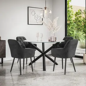 Malvern Round Dining Table And Chairs -  Clear Glass Table Top w Solid Black Oak Legs + Anika Velvet Dining Chair Set Of 4 (Black)