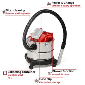 Einhell Cordless Ash Vacuum Cleaner 15L 100mbar Power X-Change 18V TE-AV 18/15 Li C - Body Only