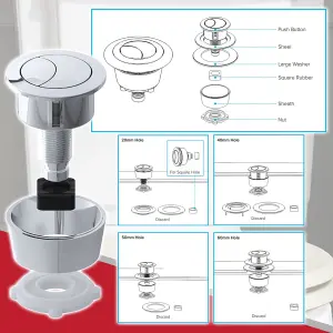 SPARES2GO Universal Toilet Cistern Dual Flush Push Button Kit for 20mm 40mm 50mm 60mm Lid Hole (Chrome Silver)