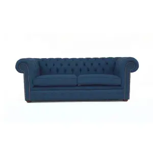 Chesterfield 3 Seater Sofa Charles Midnight Blue Real Linen Fabric In Classic Style