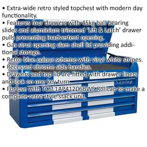 Retro Blue 4 Drawer Tool Chest with Lockable Storage - 1080 x 450 x 495mm