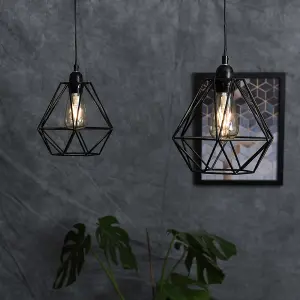 ValueLights Diablo Pair of Modern Geometric Black Metal Basket Cage Ceiling Pendant Light Shades