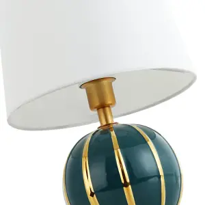 Classic Dark Teal Gloss Ceramic Spherical Table Lamp with Polished Gold Stripes