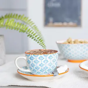 Nicola Spring - Hand-Printed Cappuccino Cup & Saucer Set - 250ml - Blue - 24pc