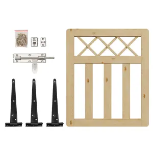 Wood Colour Outdoor Cross Top Wooden Garden Gate Pedestrian Fence Yard Door with Accessory Kit,76cm x 90cm