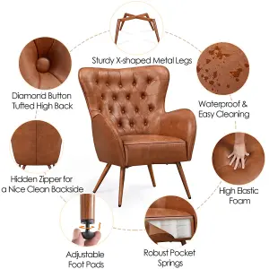 Yaheetech Retro Brown Faux Leather Accent Chair with Metal Legs and Tufted High Back