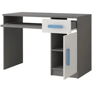 Sleek Grey and White Computer Desk H760mm W1100mm D500mm - Blue Handles for Serene Workspaces