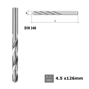 Quality Drill Bit For Metal - Polished HSS DIN 340 Silver - Diameter 4.5mm - Length 126mm