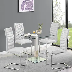 Hartley Clear Glass Dining Table With 4 Ronn White Chairs