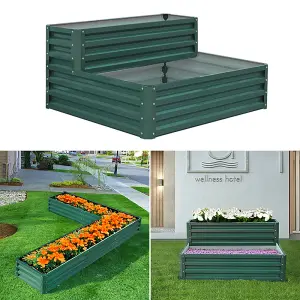 Dark Green L-Shaped Galvanized Steel Garden Flower Bed Metal Raised Planter Box Outdoor Raised Garden Bed Kit L 207 cm x W 277 cm