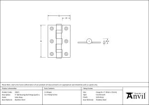 From The Anvil Satin Brass 3" Ball Bearing Butt Hinge (Pair) ss