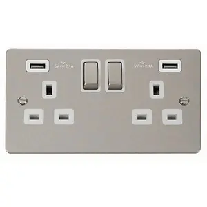 Flat Plate Pearl Nickel 2 Gang 13A DP Ingot 2 USB Twin Double Switched Plug Socket - White Trim - SE Home