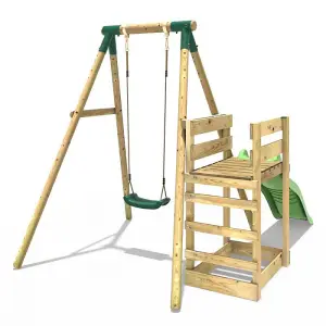 Rebo Wooden Swing Set plus Deck & Slide - Solar Green