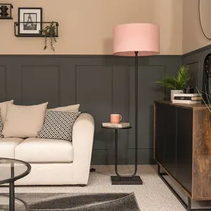 ValueLights Tavel Matte Black Floor Lamp with Table and Pink Shade