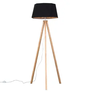 ValueLights Barbro Light Wood Tripod Design Floor Lamp with Black/Copper Geometric Shade - Complete with 6w LED GLS Bulb