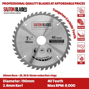 Saxton TCT19040T TCT Circular Saw Blade 190mm x 40 Teeth x 30mm Bore + 16, 20 and 25mm Rings