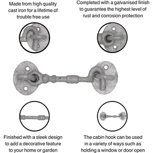 EAI Cabin Hook Iron Strong Hold Back Gate or Door Hook Barrel Style Cast Iron -  200mm - Galvanised