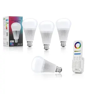 Auraglow 2.4Ghz RGB CCT Smart B22 LED Light Bulb - 70w EQV with 8 Zone Remote - 4 PACK