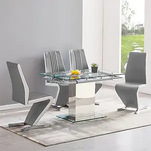 Furniture in Fashion Enke Extending Clear Glass Dining Table With 4 Gia Grey White Chairs