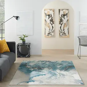 Ivory Teal Abstract Luxurious Modern Easy to clean Rug for Dining Room Bed Room and Living Room-66 X 229cm (Runner)