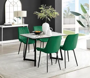 Carson 4 Seater White Marble Effect Rectangular Scratch Resistant Dining Table with 4 Green Pesaro Velvet Black Leg Chairs