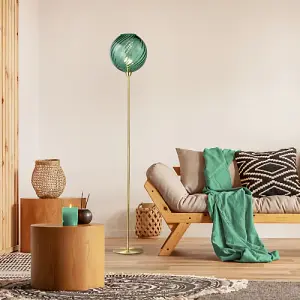 Designer Chic Floor Lamp with Brushed Gold Base and Emerald Green Glass Shade