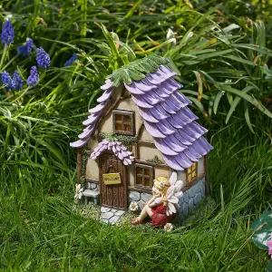 Solar Powered Flower Lodge Fairy House - Hand Painted Indoor Outdoor Home Garden Novelty Ornament with 2 LED Lighting Effects