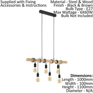 Hanging Ceiling Pendant Light Black & Wood 6x E27 Kitchen Island Multi Lamp