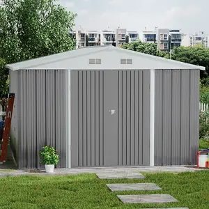 10x12ft Grey Apex Metal Garden Storage Shed Outdoor  Storage Shed with Lockable Double Door