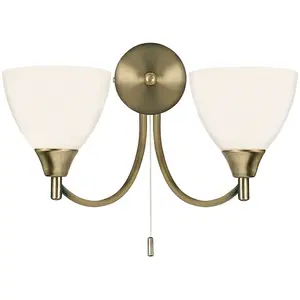 Dimmable LED Twin Wall Light Antique Brass & Frosted Glass Curved Lamp Lighting