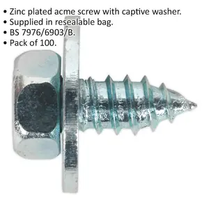 100 Pack of Zinc Plated M14 x 1/2 Inch Acme Screws with Captive Washers