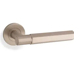 SOLID BRASS Hex Door Handle Set - Satin Nickel Industrial Lever Round Rose