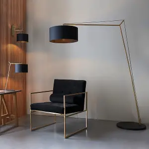 Matt Brass Large Standing Floor Lamp Light - Black Cotton Shade & Painted Base