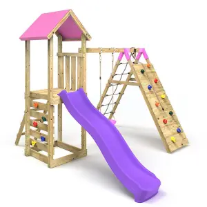 Rebo Challenge Wooden Climbing Frame with Swings, Slide and Up & over Climbing wall - Bear Pink