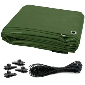 3 x 4 m Tarpaulin Waterproof Heavy Duty Cover Ground Sheet Camping with 4 Tarp Clips + 10m / 30ft Bungee Cord (Green - 90GSM)