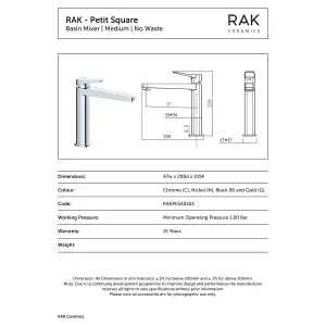 RAK Petit Mid Height Brushed Nickel Modern Basin Mixer Tap Solid Brass